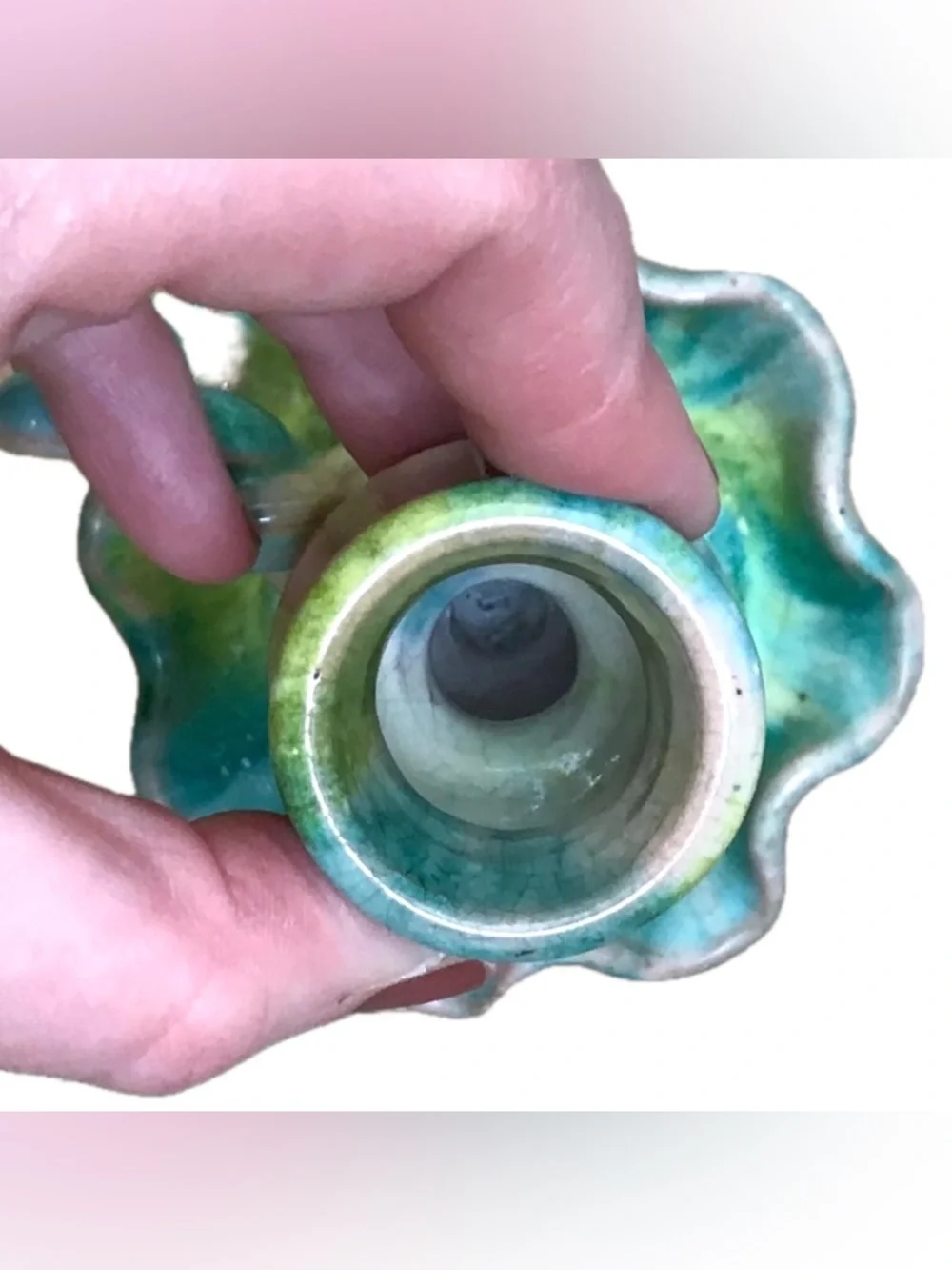 Vintage Williamsburg Pottery Blue Green Twist Chamberstick Taper Candle Holder